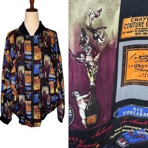 Vintage 90s Nicole Miller Limited Ed Silk Bomber Jacket Wine Champagne Print S